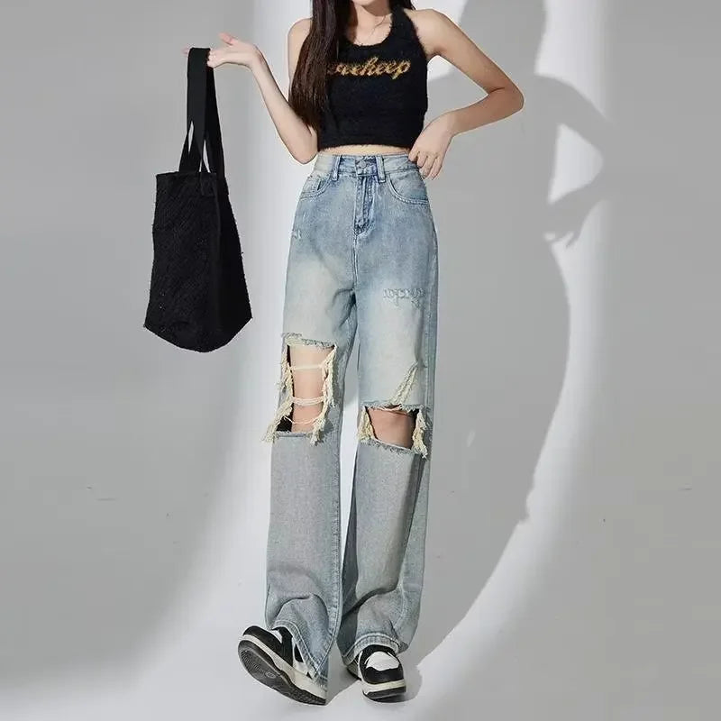 Vintažiniai Susidėvėjusio Stiliaus Aukštinto Liemens Platūs Džinsai