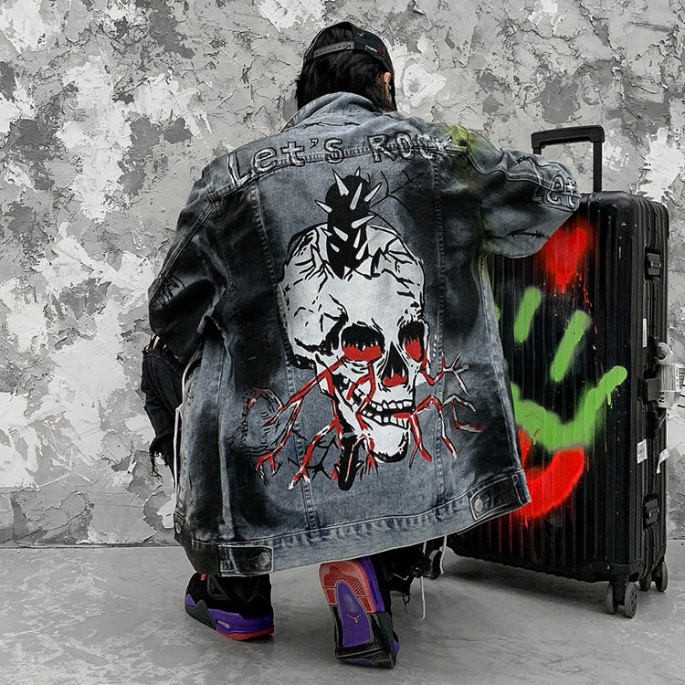 Unikali Gatvės Stiliaus Džinsinė Striukė Su Kaukolės Piešiniu