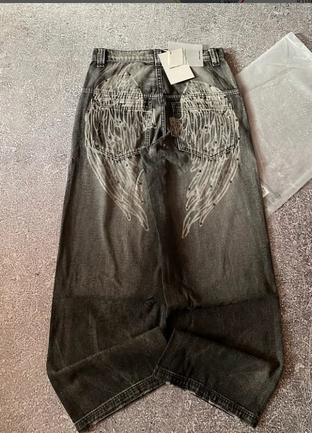 Džinsai Y2K retro stiliaus, aukštu liemeniu