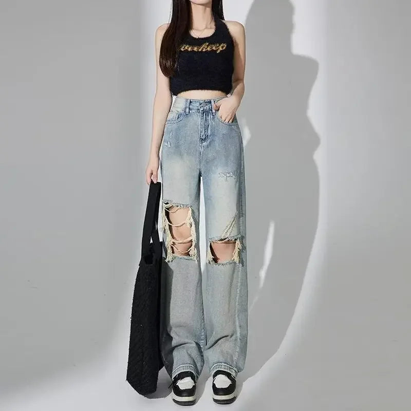 Vintažiniai Susidėvėjusio Stiliaus Aukštinto Liemens Platūs Džinsai